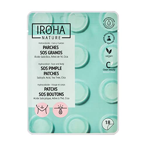 Iroha Nature - Parches para Granos con Ácido Salicílico, Árbol de Té y Centella Asiática, reduce los granos en 8h. Parches para acné (18 unidades).