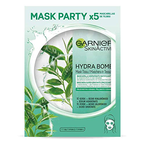 Garnier Skin Active, Tissu Mask Matificante, Mascarilla Facial de Tejido con Té Verde y Ácido Hialurónico para Pieles Mixtas a Grasas, Hidrata y Matifica la Piel, 5 Unidades