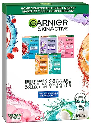 Garnier Sheet Mask Discovery Collection, Juego de mascarillas faciales y oculares para pieles deshidratadas, apagadas y cansadas, con glicerina y ácido hialurónico, 5 Unidades (Paquete de 1)