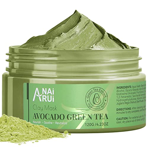 ANAiRUi Mascarilla de barro con avocado y té verde, marcarilla facial hidratante detoxante, desobstruye los poros, elimina los punto negros, tratamiento del acné , 120g